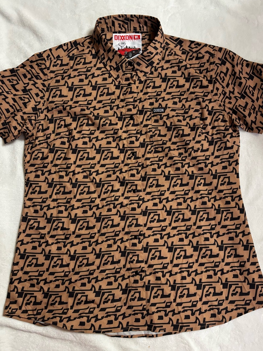 DIXXON Tan & Black Geometric Print Short Sleeve Button-Down Shirt